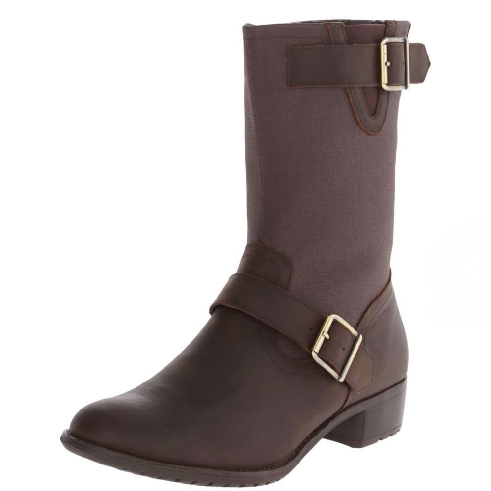 Hush Puppies Lola Brown Leather Canvas Buckle Side Zip Entry Mid Calf Boots